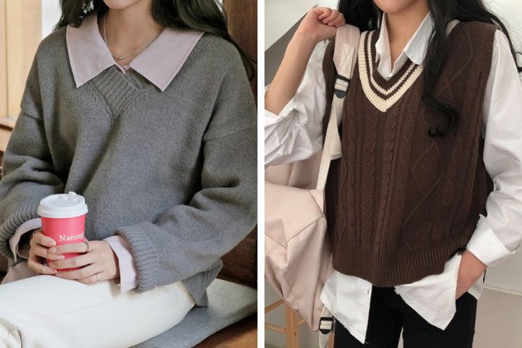 Áo sweater mix áo sơ mi kiểu layer