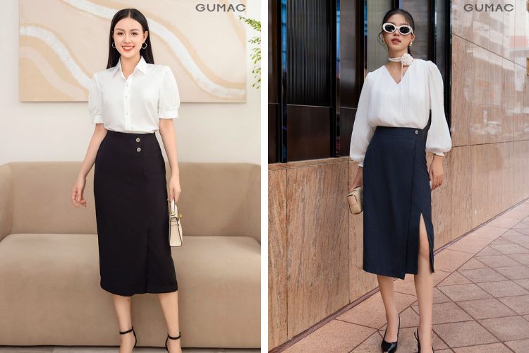 Chân váy bút chì mix áo tay phồng