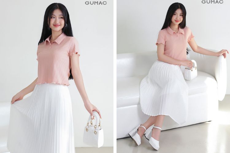Chân váy xếp ly mix cùng áo polo