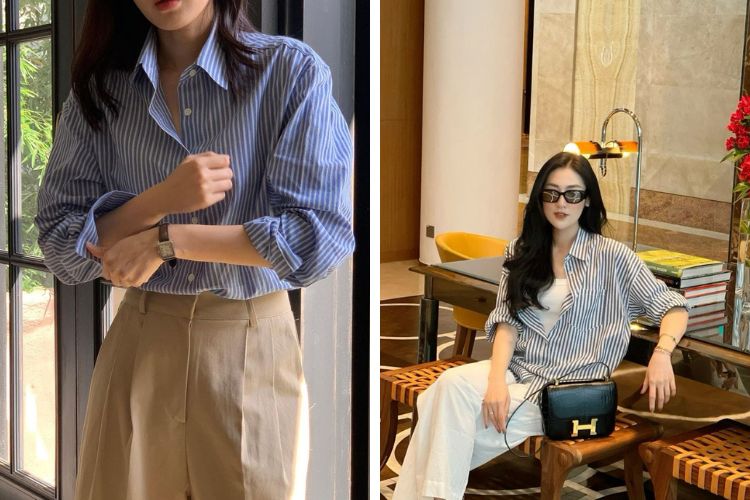Quần chinos phối áo sơ mi dáng rộng