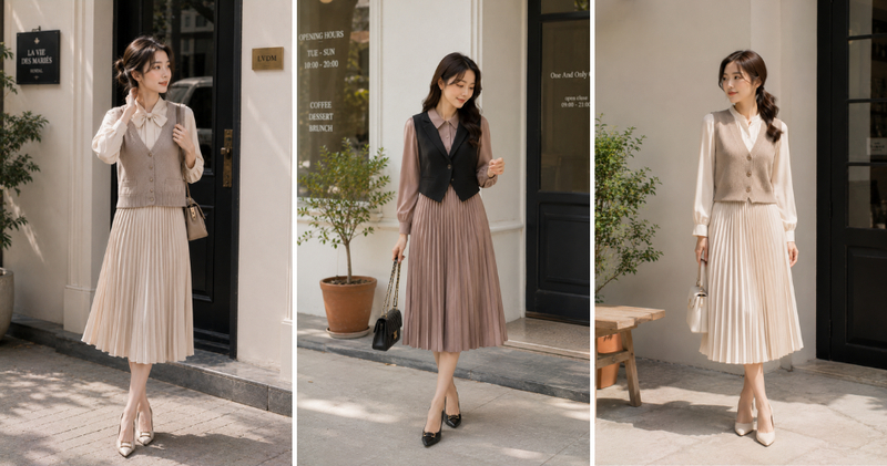 Chân váy xếp ly bồng bềnh mix cùng sơ mi và áo gile len mỏng nhẹ nhàng.