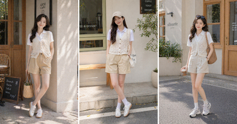 Mặc áo sơ mi cùng gile len, quần short kaki và đôi giày thể thao sành điệu.