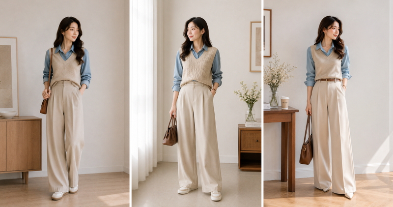 Mix match sơ mi denim xanh nhạt, gile len màu be và quần tây ống rộng cạp cao.