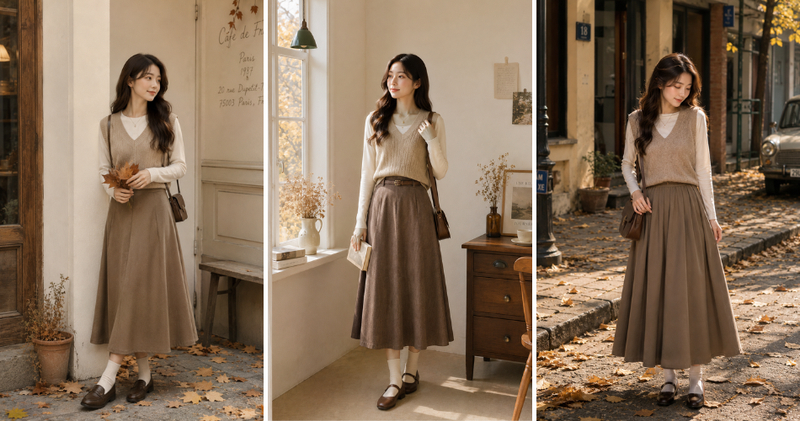 Nàng thơ mùa thu với áo thun tay dài, gile len basic và chân váy dài màu vintage.