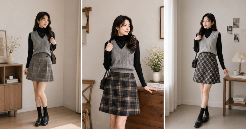 Outfit áo cổ lọ đen, gile len màu ghi, chân váy chữ A kẻ caro xinh xắn.