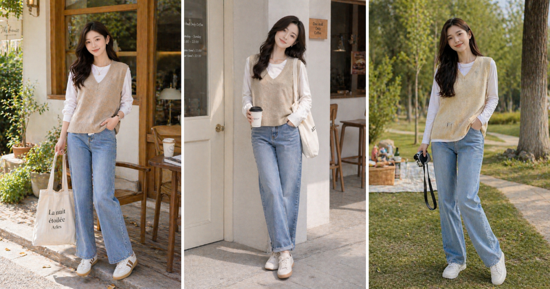 Outfit áo thun trơn, quần jean ống rộng và áo gile len form rộng Hàn Quốc.