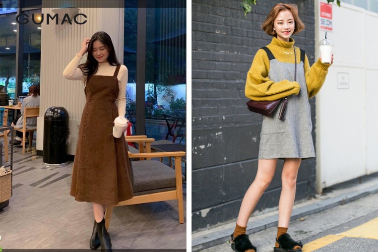 Phối áo len cao cổ với váy yếm