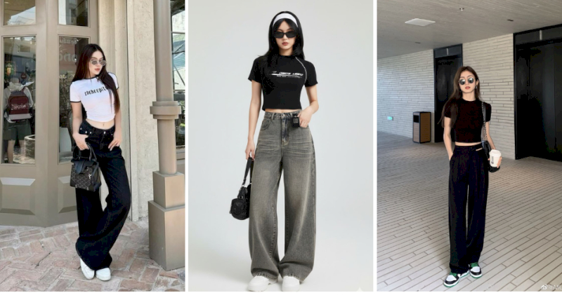 Áo phông croptop phối cùng quần ống rộng mang lại vẻ trẻ trung và sành điệu.