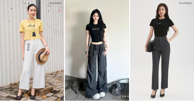 Áo phông dáng ngắn kết hợp quần ống rộng năng động, thời thượng.