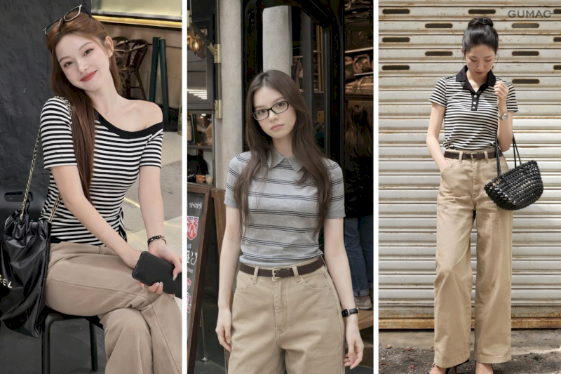 Áo phông kẻ sọc phối quần kaki ống rộng tạo diện mạo tươi mới