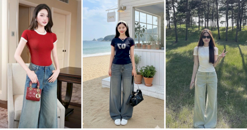 Áo phông ôm dáng slim-fit mặc cùng quần jean ống rộng tôn dáng.