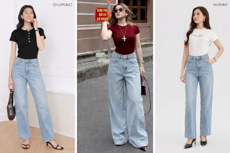 Áo phông ôm dáng slim-fit phối quần jean ống rộng cá tính, năng động.
