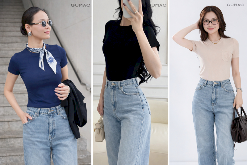 Combo áo phông slimfit phối quần jean ống rộng hack dáng