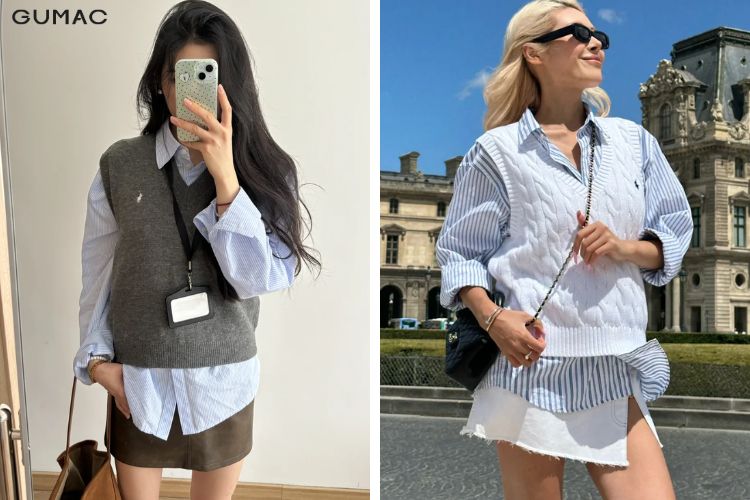 Áo gile với áo sơ mi phom rộng nữ
