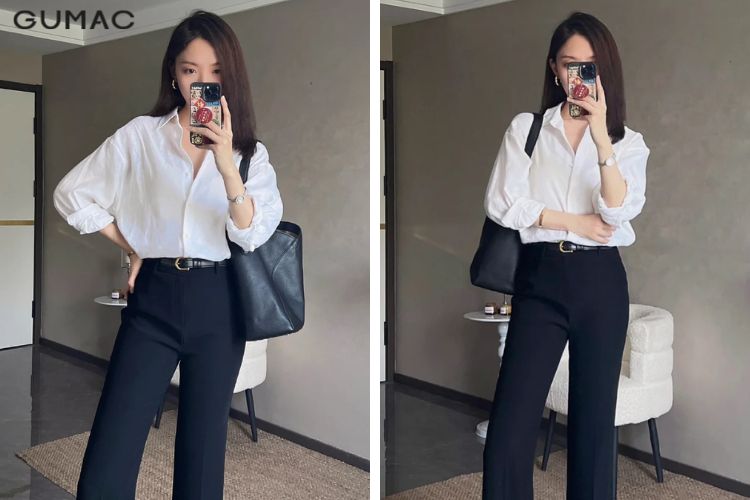 Mix sơ mi trắng dáng rộng skinny jeans đen
