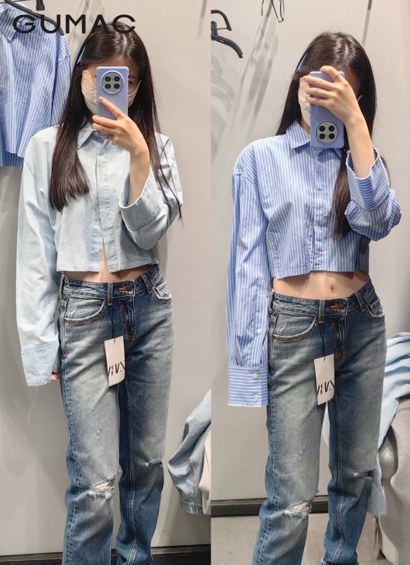 Sơ mi nữ kẻ sọc phom rộng phối skinny jeans rách
