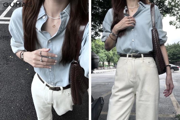Sơ mi rộng màu pastel mix quần skinny jeans trắng