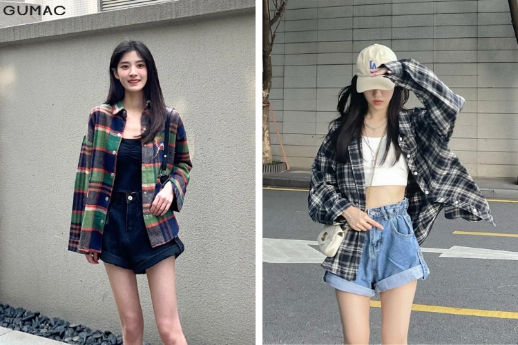 quần short ngắn áo sơ mi caro