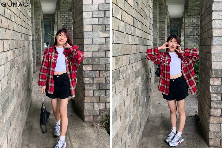 quần short nữ kết hợp áo sơ mi caro