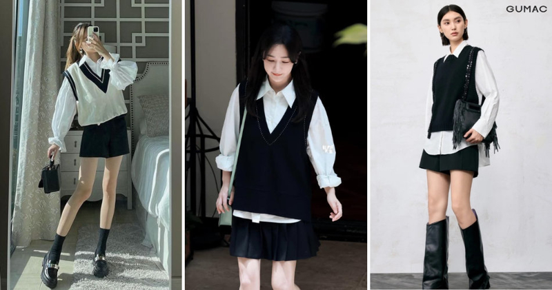 Áo sơ mi trắng blouse tay phồng lót trong chiếc gile len đậm chất Hàn Quốc.