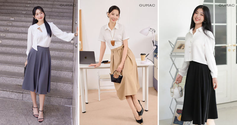 Áo sơ mi trắng diện cùng chân váy xòe xếp ly nhẹ che giấu khuyết điểm thân dưới.