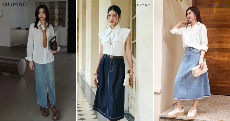 Áo sơ mi trắng kết hợp chân váy jean chữ A mang đến diện mạo phóng khoáng