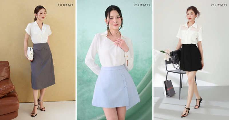 Áo sơ mi trắng kết hợp cùng chân váy chữ A mang lại vẻ trẻ trung.