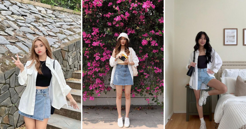 Áo sơ mi trắng khoác ngoài áo thun croptop cực kỳ năng động.