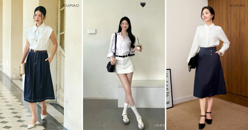 Áo sơ mi trắng mặc cùng chân váy chữ A tạo cảm giác chân dài, eo thon.
