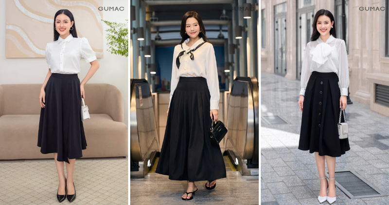 Áo sơ mi trắng mặc cùng chân váy xòe dễ chịu cho những ngày đi làm hằng ngày hay dạo phố.