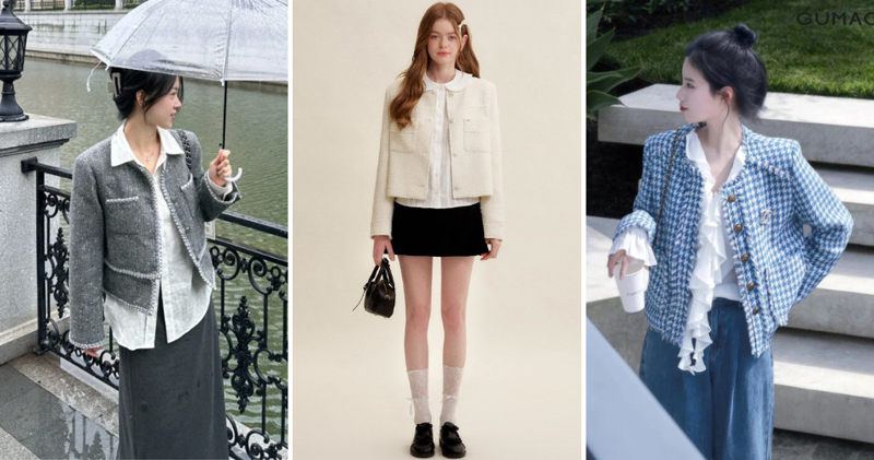 Áo sơ mi trắng mix cùng áo khoác dạ tweed mang đến khí chất tiểu thư đài các