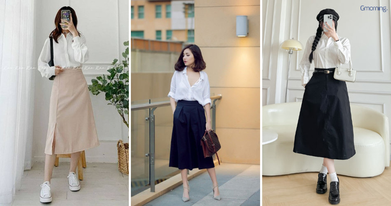Chân váy midi xòe nhẹ mix cùng sơ mi trắng cổ trụ mang lại vẻ đẹp cổ điển