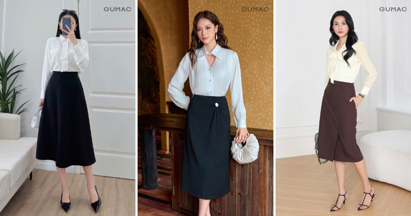 Chân váy suông dài qua gối mix cùng sơ mi tay dài mang lại sự thoải mái