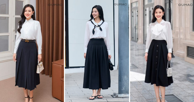 Chân váy xếp ly mix cùng sơ mi trắng giúp mọi dáng người hack tuổi