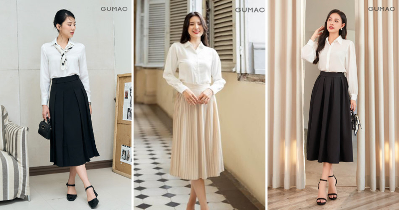 Chân váy xếp ly phối cùng sơ mi trắng là sự kết hợp nhịp nhàng giữa cổ điển và hiện đại.