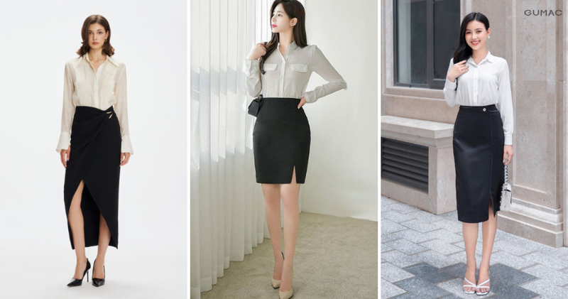 Diện sơ mi trắng cùng chân váy dáng bút chì xẻ tà giúp giữ được sự quyến rũ, nữ tính.