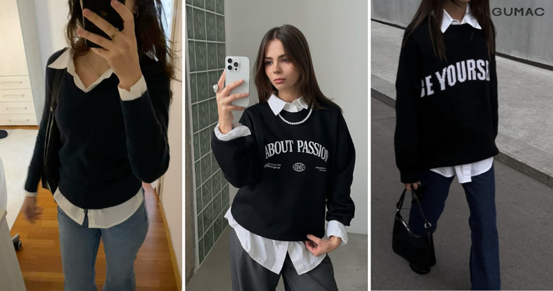 Mặc sơ mi trắng lót trong sweater nỉ phong cách học đường trẻ trung.