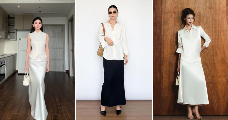 Sơ mi trắng kết hợp với chân váy lụa tạo nên tổng thể thanh thoát, sang trọng.