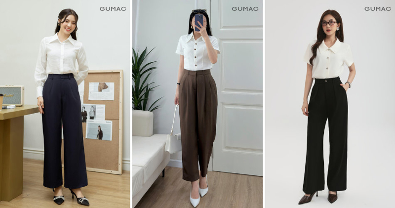 Phối đồ với áo sơ mi trắng lụa mix cùng quần tây ống rộng là lựa chọn sang trọng