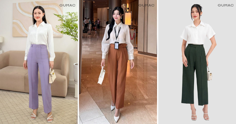 Phối đồ với áo sơ mi trắng mix với quần tây ống suông tự tin, duyên dáng.