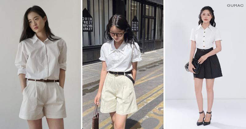 Phối đồ với áo sơ mi trắng nữ cổ phối cùng quần short linen mang lại sự tự do, phóng khoáng.