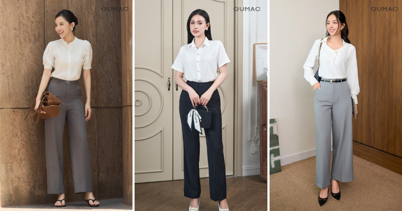 Phối đồ với áo sơ mi trắng với quần ống suông đơn giản, hiện đại.