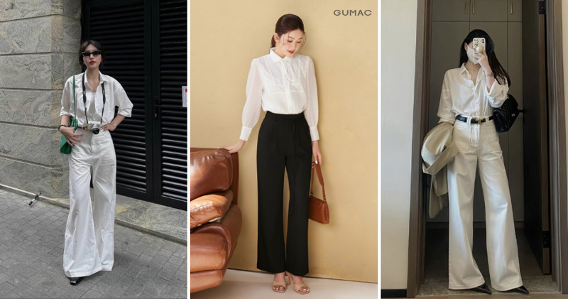 Phối sơ mi trắng cùng quần tây ống rộng cạp cao tạo hiệu ứng chân dài