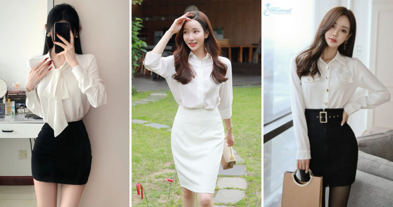 Set áo sơ mi trắng với chân váy body vô cùng năng động