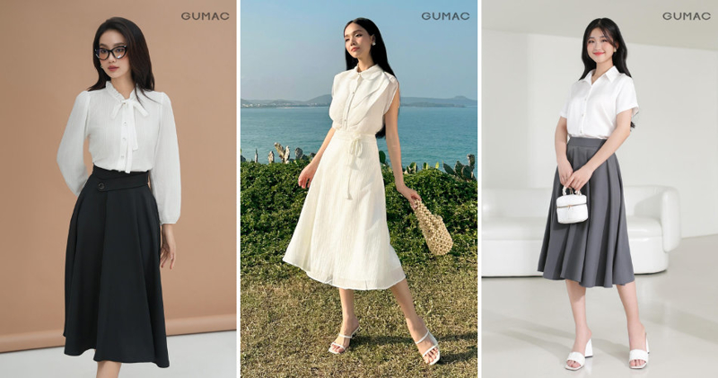 Set đồ sơ mi trắng nữ với chân váy xòe công sở mang đến sự chỉn chu và nữ tính.