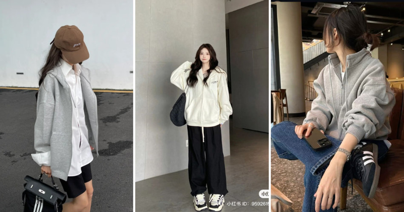 Sơ mi trắng phom rộng phối cùng áo nỉ hoodie kéo khóa mang lại phong cách cool ngầu