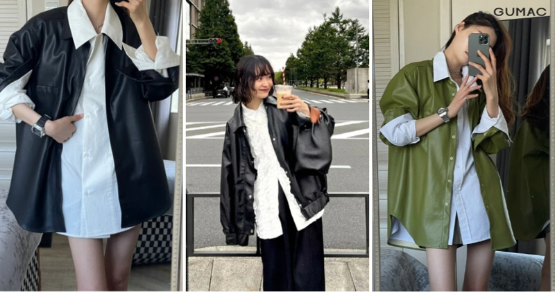 Sơ mi trắng buông vạt và áo khoác da mang lại vẻ ngoài bụi bặm, cá tính.