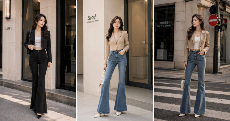 Trở thành quý cô mùa thu đông với set áo vest dáng ngắn cùng áo croptop mỏng bên trong, diện với quần jeans ống loe tối màu.