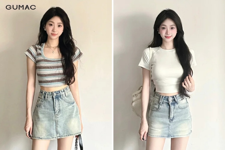 dáng nhỏ gầy mặc chân váy jean đi đám cưới