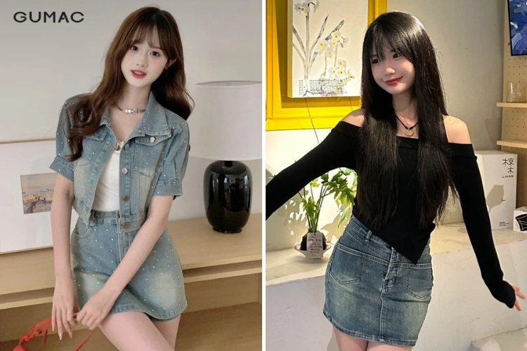 mặc áo croptop cùng chân váy jean